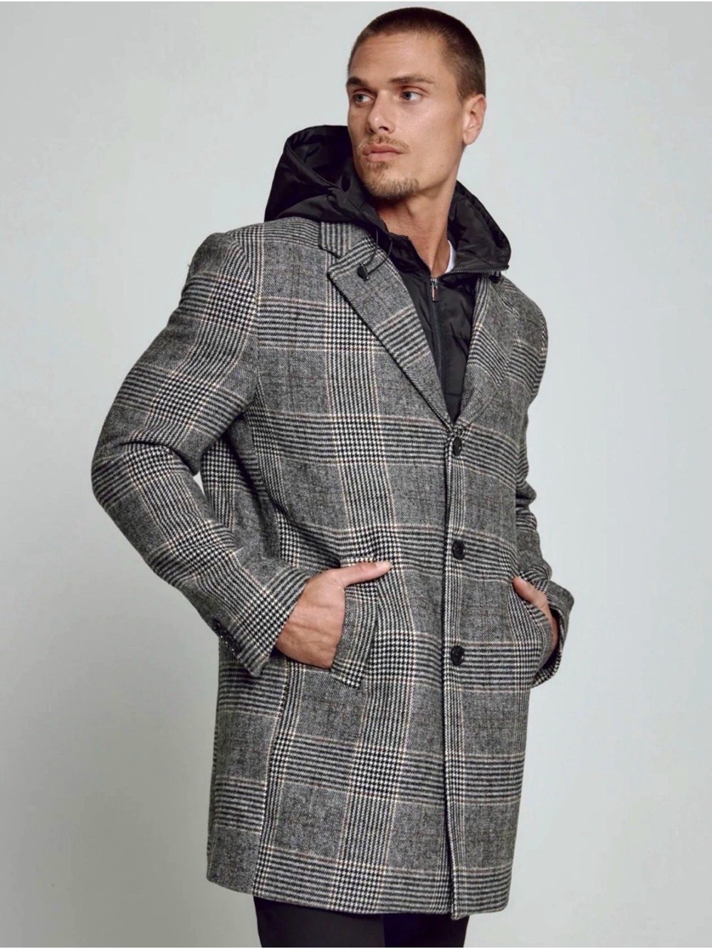 7 DIAMONDS The Midtown Overcoat Jacket Plaid Hooded Coat Streetwear Size XL NWOT